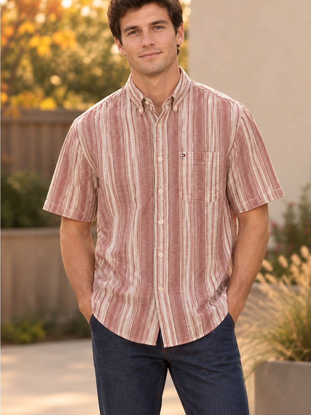 Tommy Hilfiger Red and Cream Striped Short-Sleeve Button-Down Shirt